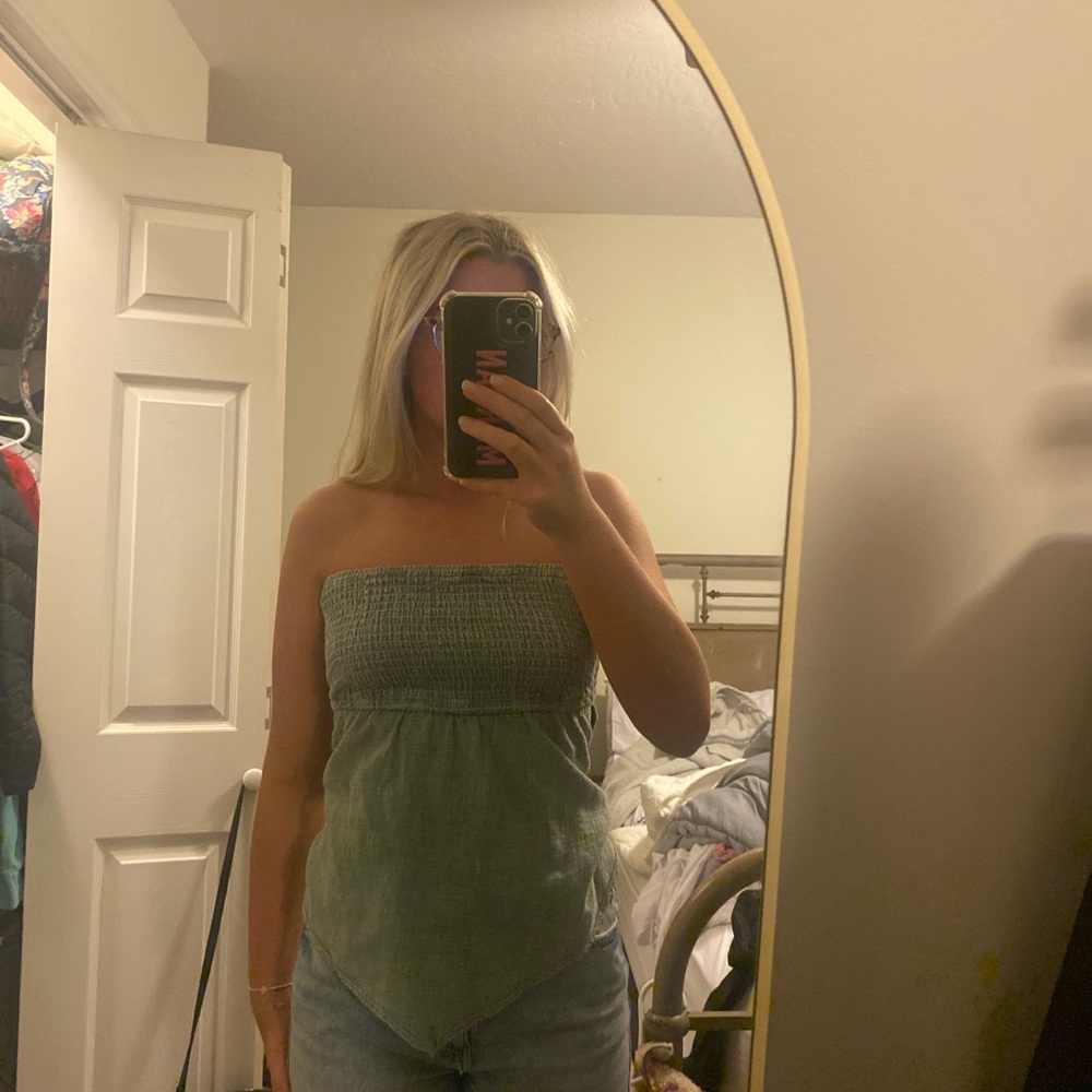 sage green strapless open back tie top